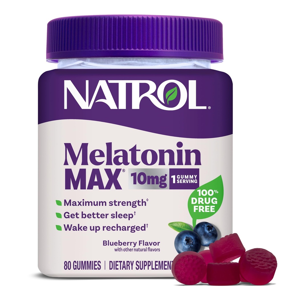 Natrol Melatonin 10mg Sleep Aid Supplement, 80 Count MelatoninMax Gummies, Blueberry Flavor, 10 mg Melatonin Gummies per insonnia occasionale, 80 giorni di alimentazione