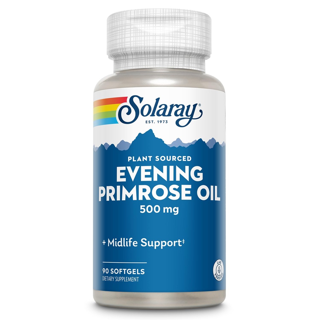 SOLARAY High Potency Evening Primrose Oil 500mg - Midlife Support - Quelle von Gamma Linolenic Acid und Linoleic Acid - keine Lösungsmittel, kalt gepresst - 90 Servierungen, 90 Softgels