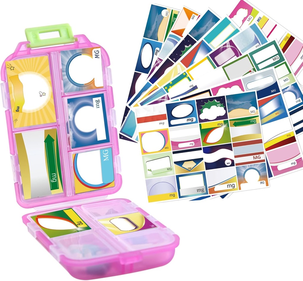 1Pack Travel Pill Organizer - 10 Komponenten Pille Case, Kompakte und tragbare Pille Box, Perfekt für On-The-Go Storage, Pillenhalter für Geldbörse (Pink mit 156 Aufklebern)