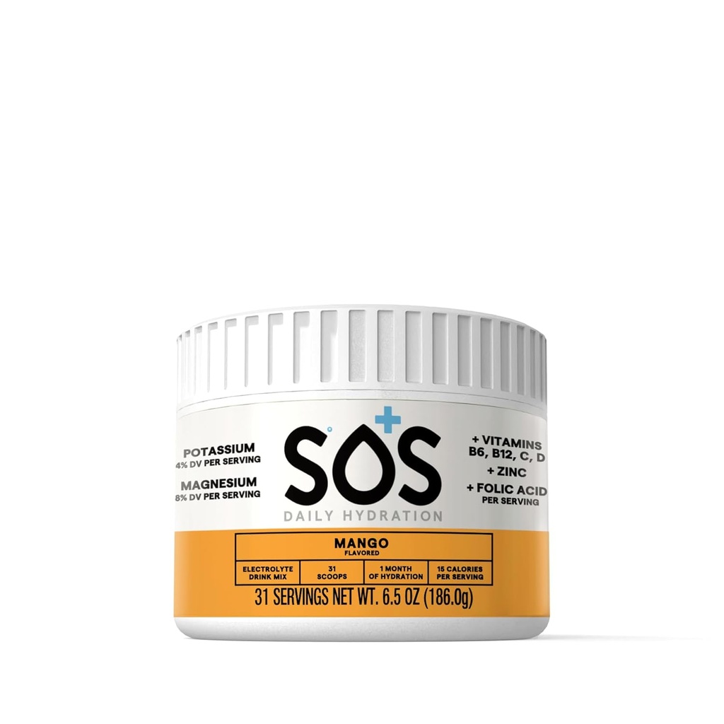 SOS Hydration Electrolyte Drink Mix (31 Portionen) – Low Sugar, 15 Calorie, Keto-Friendly & Rapid Rehydration (31 Portionen, Mango)