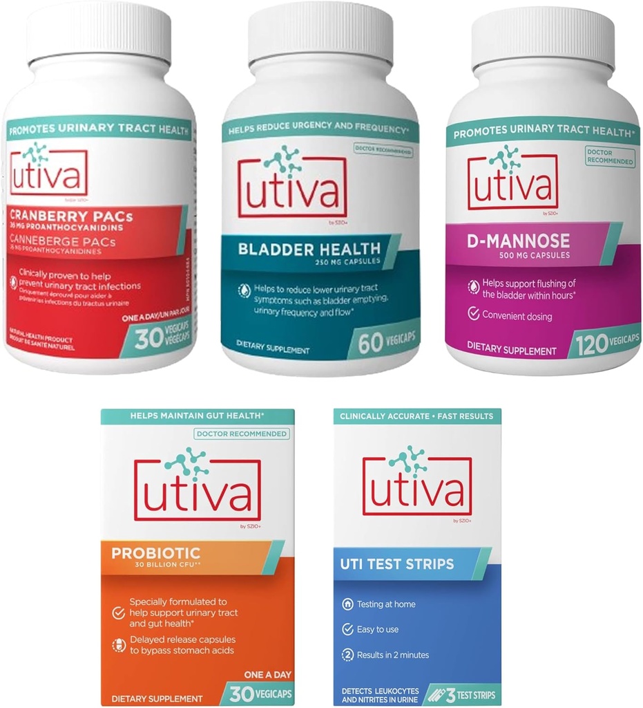 15% Bundle Utiva Cranberry PACs 30 Vegi Capsules + Utiva Bladder Health 60 Capsules + Utiva D-Mannose 500mg 120 Capsule + Utiva Probiotic 30 Delayed Release Vegi Capsules + Utiva UTI Strisce di prova