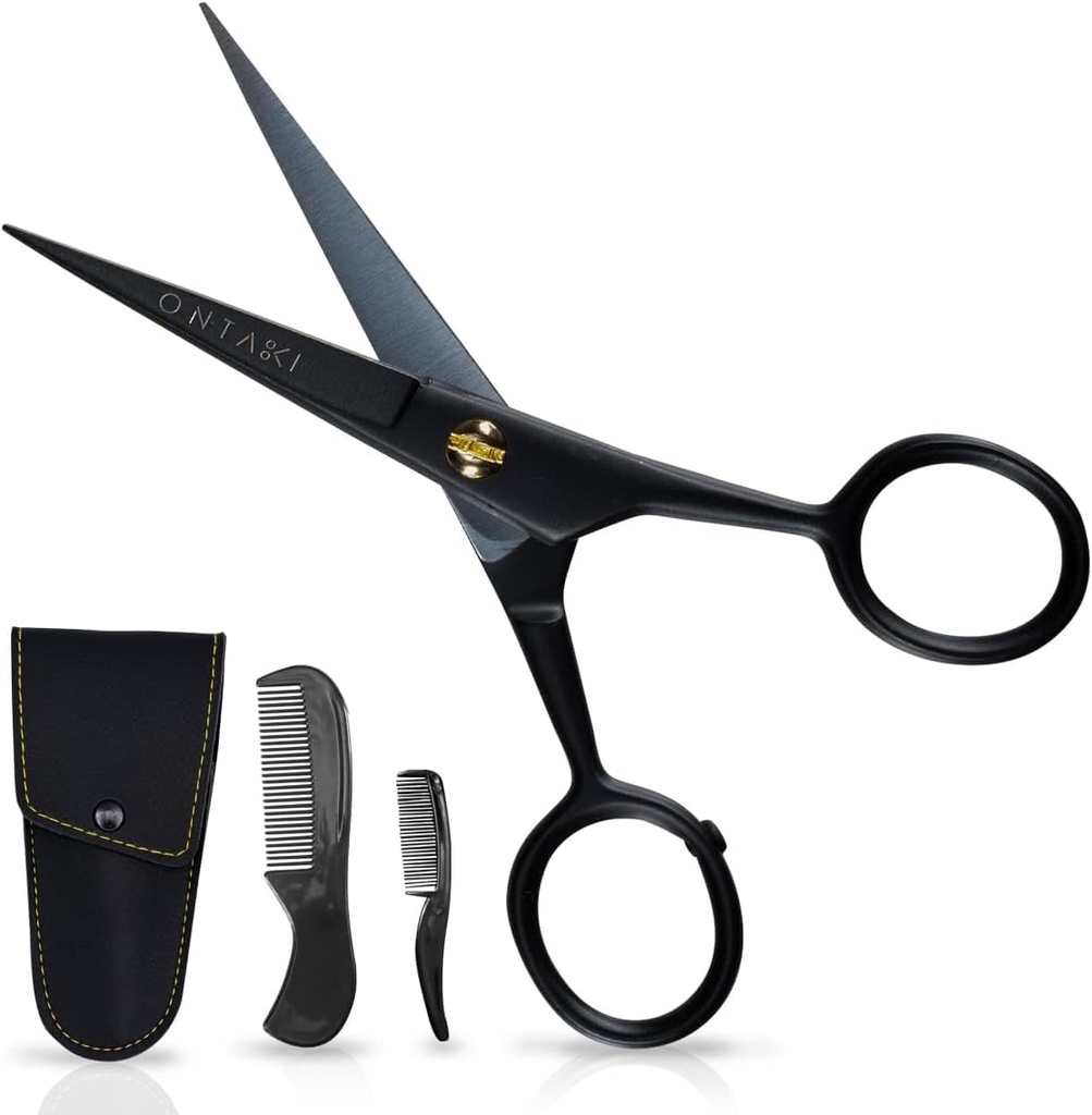 Forbici Ontaki Mustache per uomini - 5-Inch, Nero - Tedesco High-Carbon Steel Bevel-Edge per precisione - Cuscinetto Trimming Forbici - Include Grooming Kit con Mustache & Beard Combs & Carrying Pouch