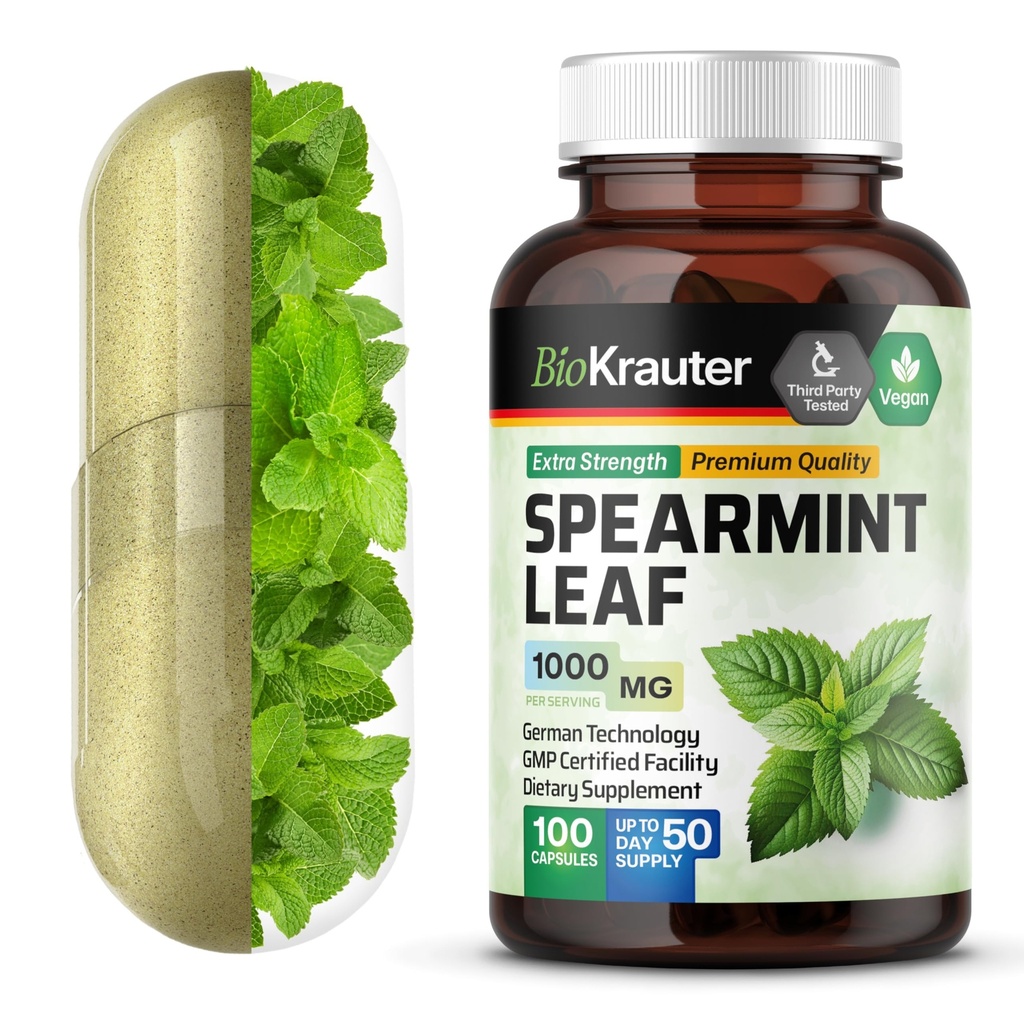BIO KRAUTER Spearmint Kapseln 1000 mg - 100 Count - Vegan Spearmint Supplement für Verdauungs- und Atemschutzunterstützung - Mentha Spicata - Keine Füllstoffe
