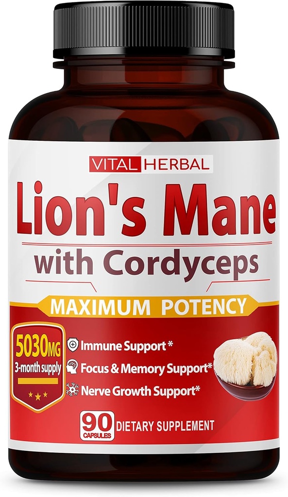 VITAL HERBAL Lions Mane Mushroom mit Cordyceps Kapseln gleichwertig zu 5030mg - Maximale Potenz L-Theanine Ashwagandha Gehirn Ergänzung für Fokus Memory Energy Mood Unterstützung 90 Tage Versorgung