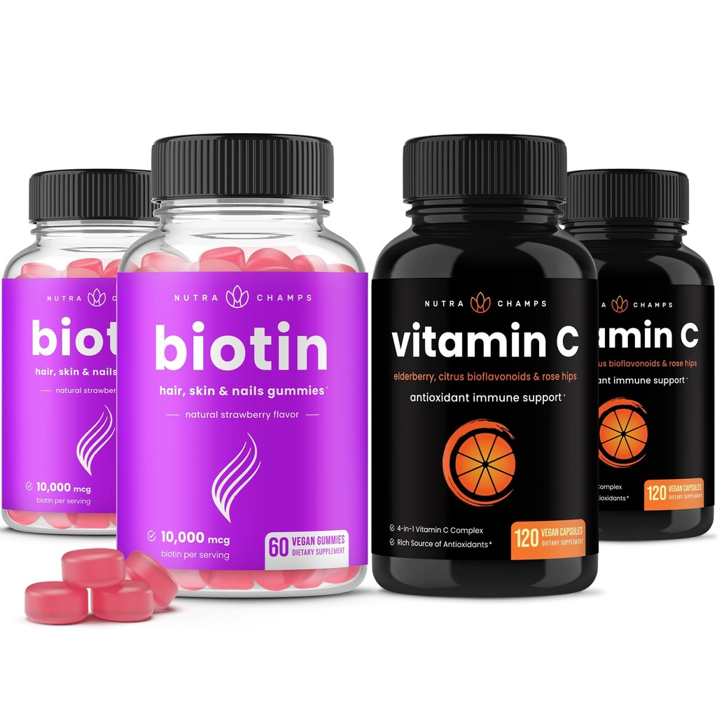 NutraChamps Biotin Gummi (2 Pack) und Vitamin C Kapseln (2 Pack) 4 Pack Bundle