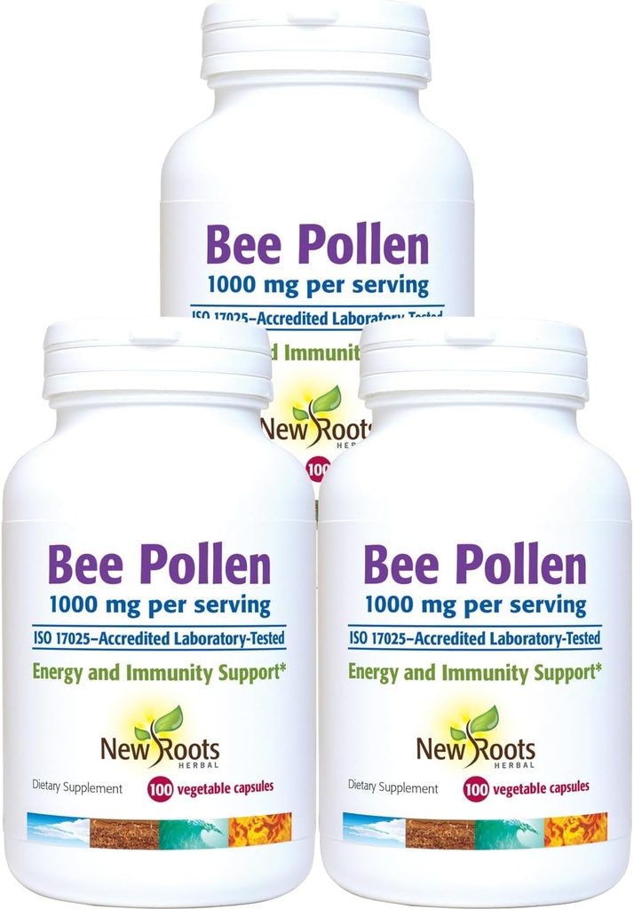 NUOVO ROOTS HERBAL Bee Pollen Capsule 1000mg | Tutto Natural Bee Pollen Supplement (100 Conte x 3) Ricco di minerali, vitamine e aminoacidi essenziali per il supporto antiossidante e la vitalità delle api