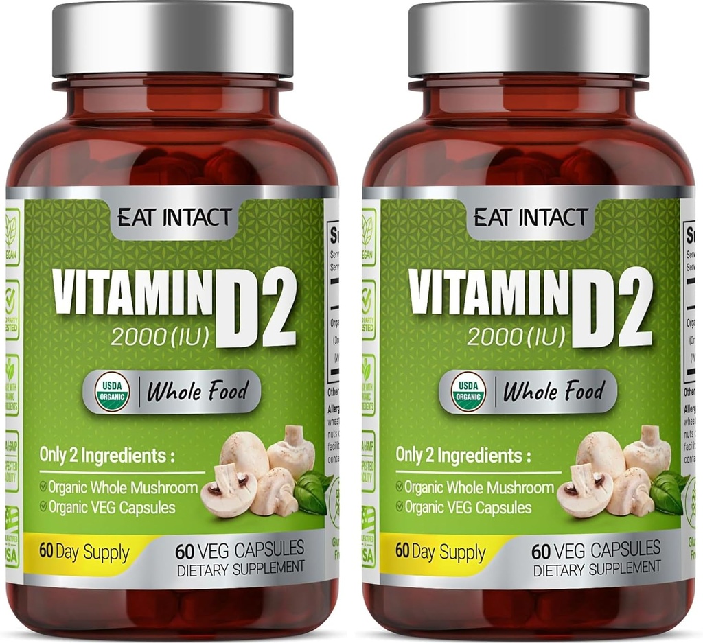 Bio Vegan Ganzes Lebensmittel Vitamin D2 (2 Packung), 2000 IU (50 mcg), Zwei Zutaten (Organische ganze Pilze Bio Vegan Kapsel), Non-GMO, 120 Tage Versorgung