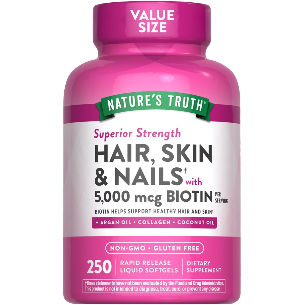 Nature's Truth Hair, Skin & Nails Vitamine | 5000mcg | 250 Softgels | Includes Collagen, Biotin and Coconut Oil | Non-GMO & Gluten Kostenlose Supplement für Damen und Herren