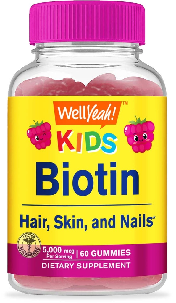 Eh bien oui Biotin Gommies pour les enfants 5000 mcg - soutient la croissance des cheveux, la santé de la peau, et les ongles - Aromates naturels - sans OGM, sans gluten - Gummy pour les garçons et les filles - 60 Comte