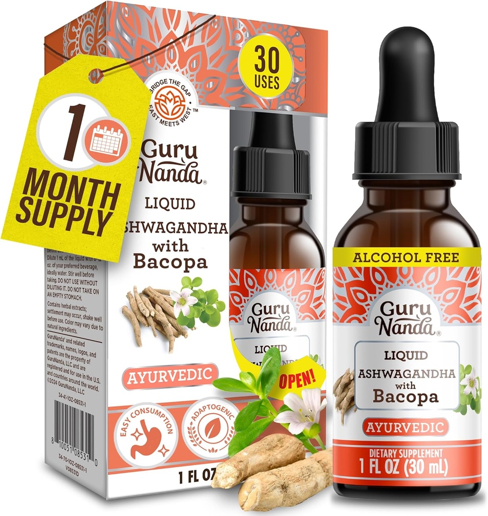 GuruNanda Liquid Ashwagandha con Bacopa (1 Fl Oz) - Integratore alimentare naturale - Gocce di Estratto di liquido - per gli uomini e le donne- Vegan & Alcohol-Free - Aids in Immune, Focus & Relaxation Support