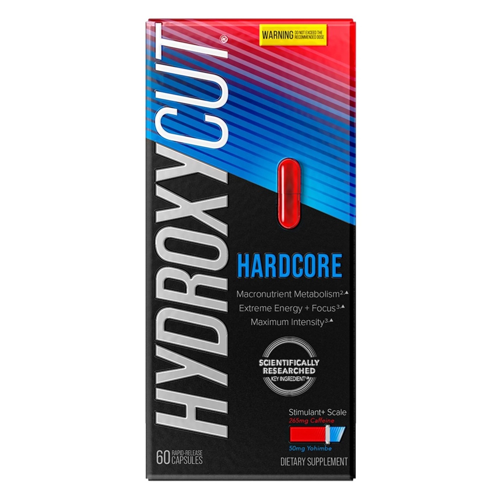 Hydroxycut Hardcore - Supplemento termogenico - Energy & Metabolism Support - 265 mg Caffeina Anhydrous, 50 mg Yohimbe Extract - Rapid Release Capsules - per Men & Women - 60 Count