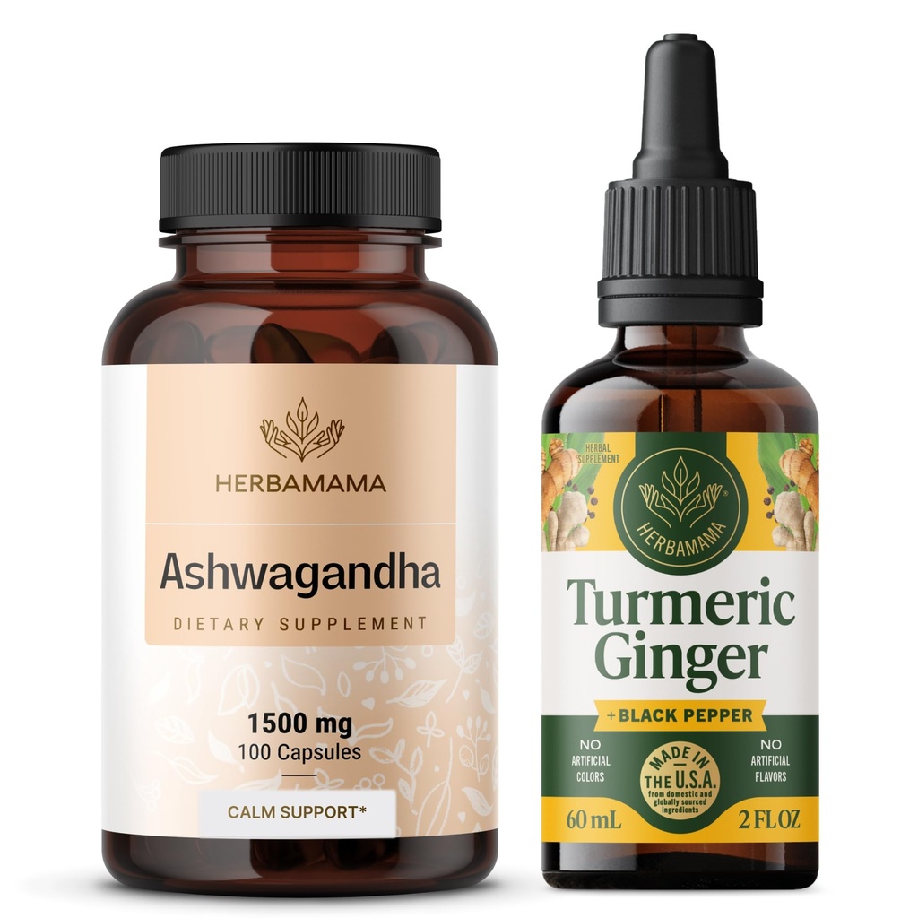 HERBAMAMA Ashwagandha and Turmeric Ginger Kit - Ensemble de 1 500 mg Ashwagandha Capsules Racines et Teinture de Ginger Turmeric 2 fl oz - Vegan, Non-OGM, Sucre et Sans alcool - 2 Pack