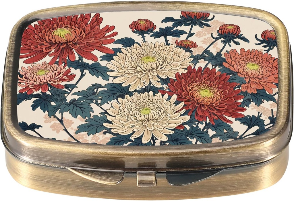 Dynippy Pille Box mit Spiegel Retro Tasche 2 Kompartiment Medizin Fall Vitamin Pill Organizer für Taschenspülung und Reisen (Retro- Traditionelle Chrysanthemen)