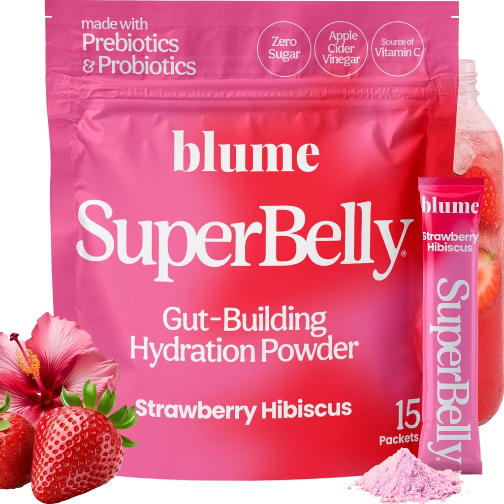 Blume New SuperBelly Gut Health and On-The-Go Hydratation Packets, sans sucre, avec prébiotiques, probiotiques, vinaigre de cidre de pomme, vitamine C, et électrolytes, fraise Hibiscus, 15 bâtons