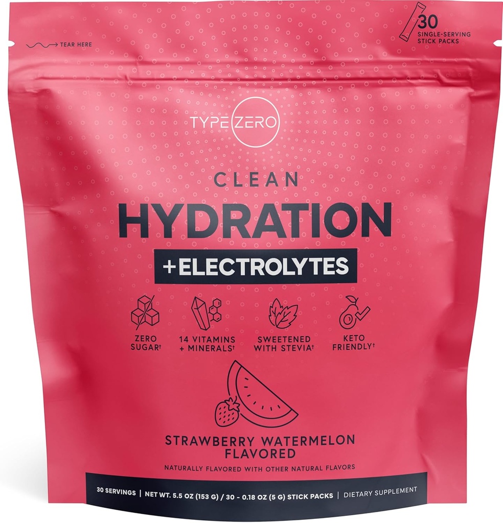 Typ Zero Clean Hydration + Elektrolyte Trinkmischung (30 Single-Serving-Pakete) - Advanced Hydration for Any Occasion (Strawberry Watermelon)