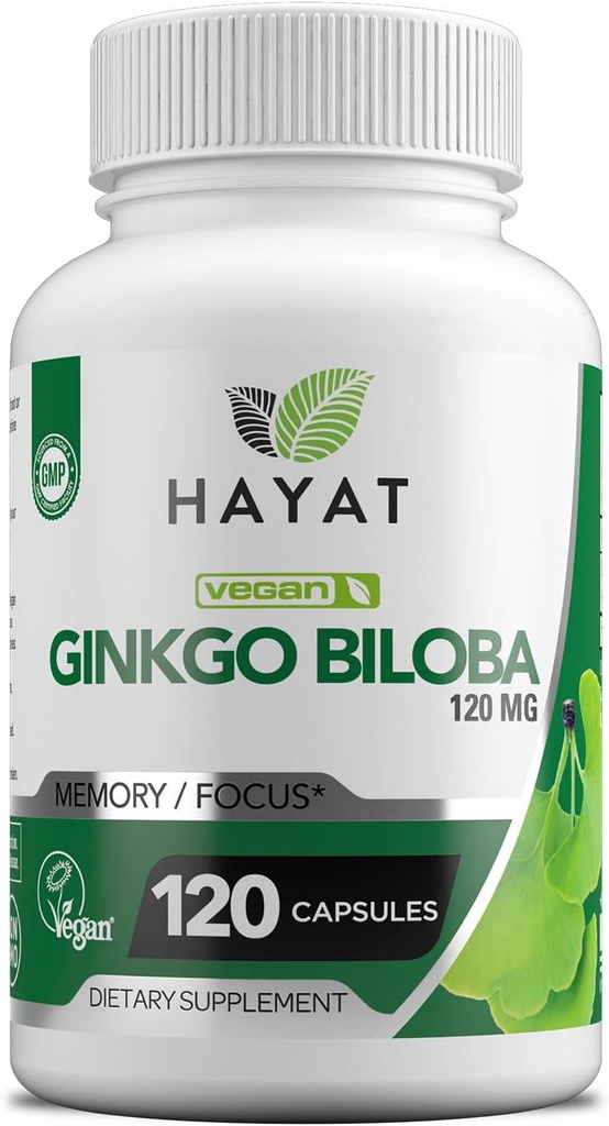 HAYAT Vitamins Vegan Ginkgo Biloba - Extra Strength 500 MG per Serving, Supporta funzione cerebrale & supporto di memoria, Certificata Halal, 120 Capsule, Made in the USA