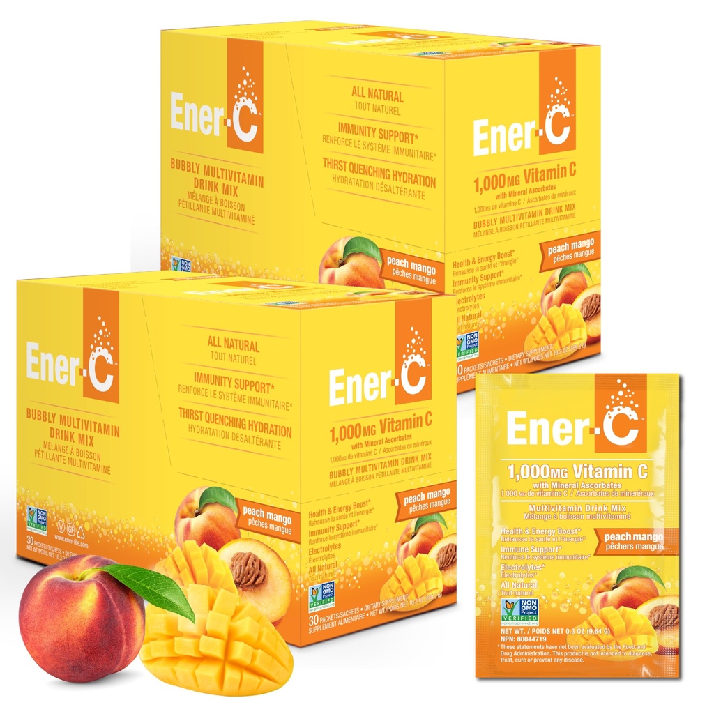 Ener-C Multivitamin Drink Mix - Vitamin-Packets für Wasser, Elektrolyte Pulver-Packets, Vitamin Drink Mix, Hydration Liquid Mix, Immun Booster für Erwachsene, Gesunde Energie - Peach Mango, 60 Count