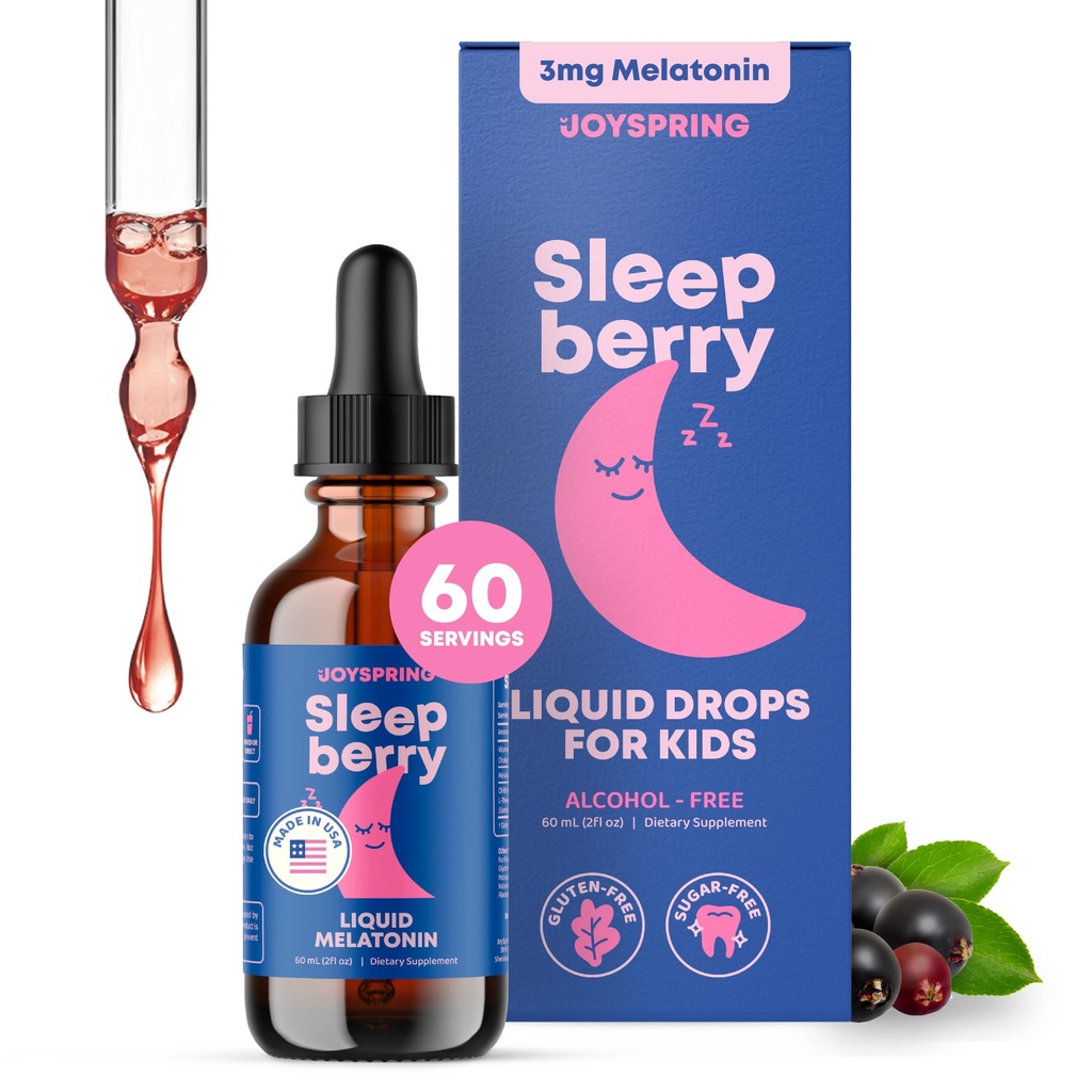 JoySpring Sleepberry Kids Melatonin 3 mg – Liquid Sleep Aid con L Theanine, Gocce di bacca ad alto assorbimento (2 fl oz) 60 Serve, Melatonina per bambini con vitamina D Kids Travel Essentials