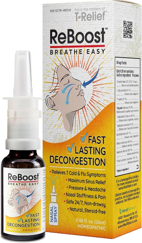 ReBoost Atmen Easy Decongestion Nasal Spray Fast-Acting Cold & Flu Symptom Relief Natürliche homöopathische Zutaten helfen Congestion, Kopfschmerzen & Sinus Druck - 0.68 Unze