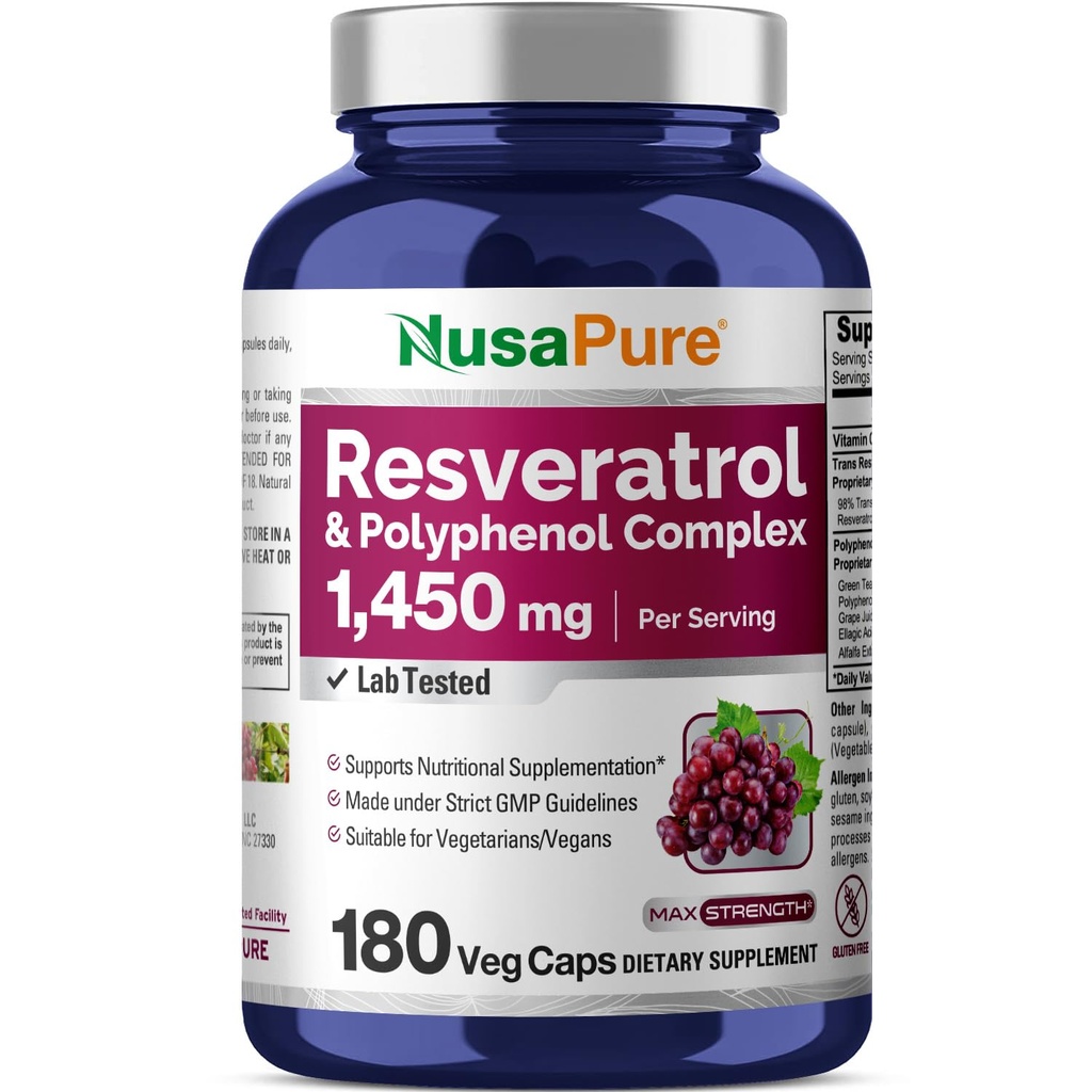 NusaPure Resveratrol & Polyphenol Complex 1450mg 180 Vegetarische Caps (Non-GMO, Vegan) Vitamin C