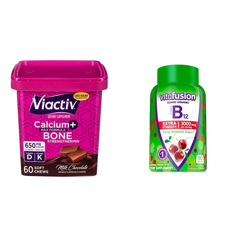Viactiv Calcium + Vitamine D3 Supplément Chews tendres, chocolat au lait, 60 Chews & Vitafusion Extra Strength Vitamine B12 Vitamines gommy pour le métabolisme énergétique Soutien