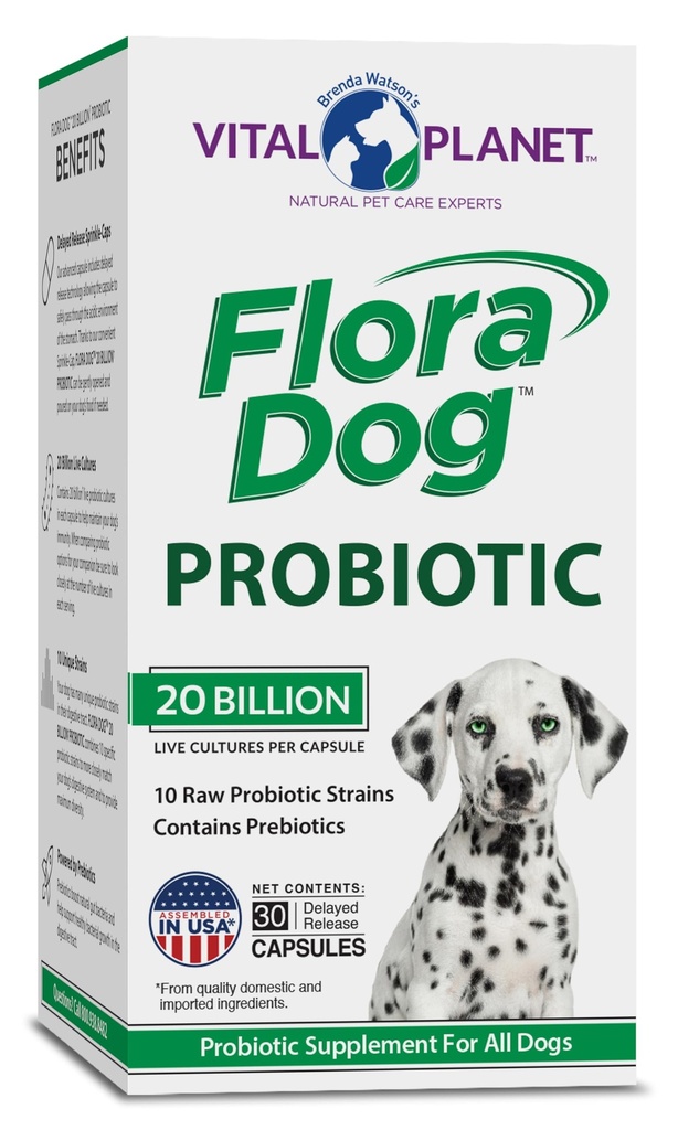 Vital Planet - Flora Dog Capsule Probiotici Supplemento con 20 Miliarde Culture e 10 Strains, Sostegno Immune e Digestivo ad alta potenza Probiotici per Cani, 30 capsule di rilascio ritardate