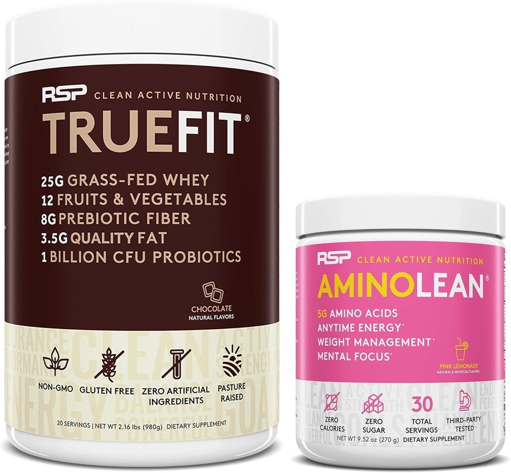 RSP NUTRITION AminoLean Pre Workout Energy (Pink Lemonade 30 Serve) con TrueFit Protein Powder (Chocolate 2 LB)