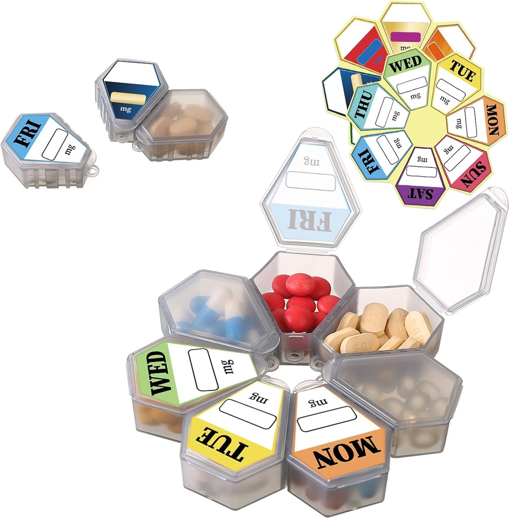 7-in-1 Travel Pill Organizer Set - Zusammenbauen in große Circular Pill Box oder verwenden Sie separat - Inklusive 7 Small Pill Box Komponenten (1Pack Gray mit 14 Label Stickers)