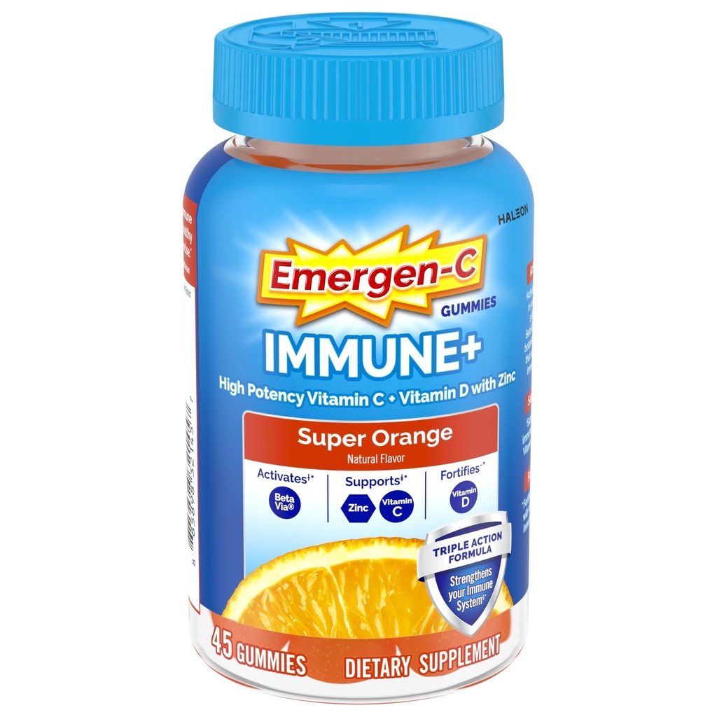 Emergen-C Immune+ Triple Action Immune Support Gummis, BetaVia (R), 1000mg Vitamin C, B Vitamine, Vitamin D und Antioxidantien, Super Orange - 45 Count