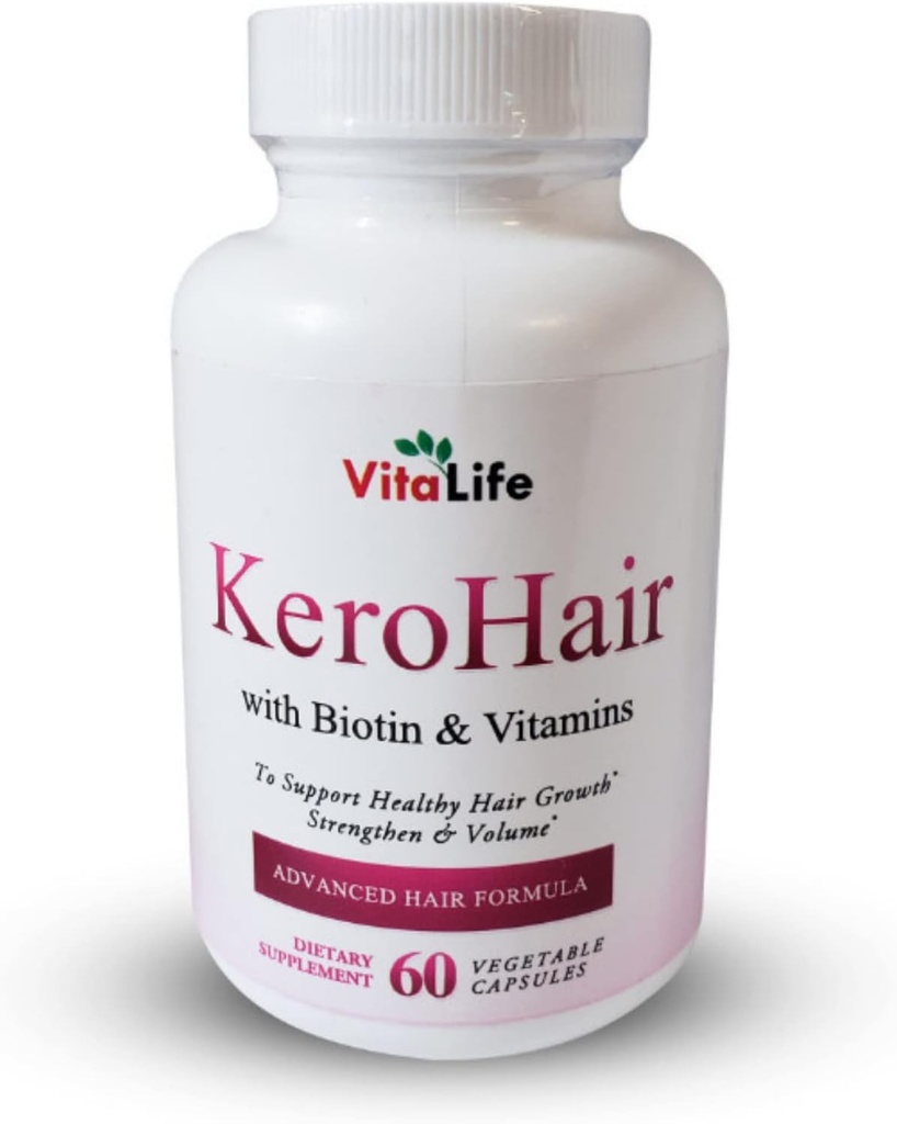 KeroHair Komplettergänzung mit Vitaminen und Biotin I 60 Kapseln für starkes und gesundes Haarwachstum - Verhindert Haarausfall | zugelassen* angereichert mit extra Biotin und Vitamin B