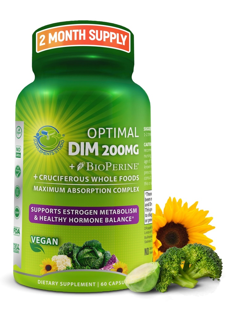 Optimale DIM 200mg Ergänzung für Frauen und Männer - Hergestellt mit Bio- Ganze Lebensmittel - Estrogen & Hormon Balance Unterstützung Diindolylmethan Complex - maximale Absorption Verzögerung Kapseln - 60 Zähler