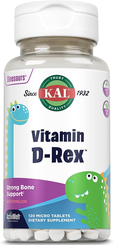 KAL Vitamin D-Rex, Kinder Vitamin D, Natürliche Wassermelone Geschmack Instant-Lösungsmittel, Immun-, Herz-, Knochen- und Mundgesundheitsunterstützung, 120 Portionen, 120 Mikro-Tabletten