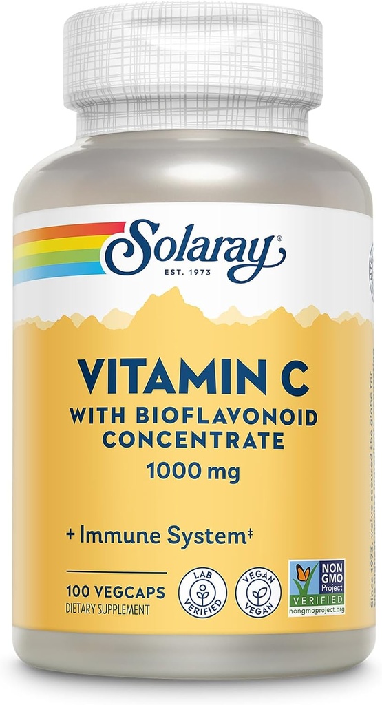 SOLARAY Vitamina C 1000mg con Bioflavonoidi Concentrato - Vitamina C Capsule con Rosa HIPS e Acerola Cherry - Antiossidante, Salute Del Cuore e Integratore di Supporto Immune, Vegan, Non OGM, 100 Serve