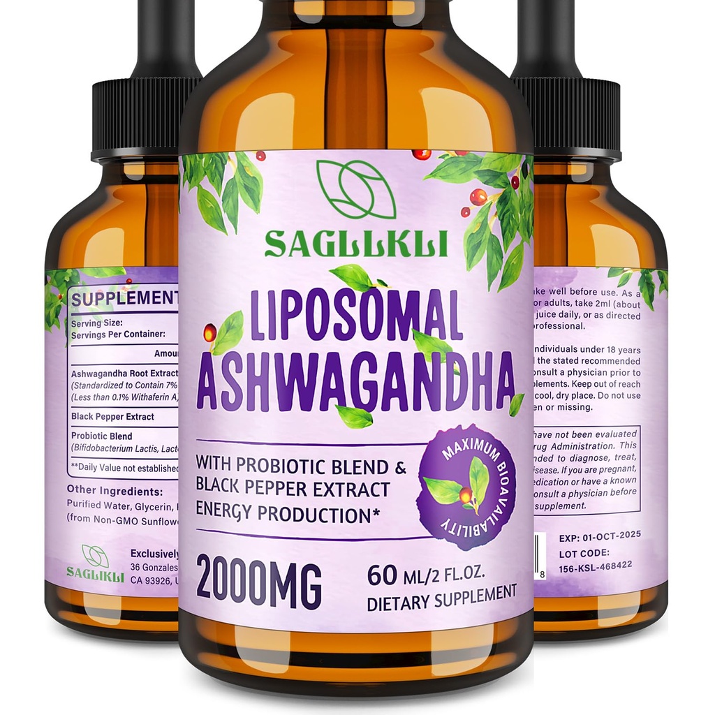 Liposomique Ashwagandha gouttes liquides 2000mg, supplément d'extrait de racine Ashwagandha (7% Withanolides) avec extrait de poivre noir et probiotiques pour focus, cognition et énergie - 2 FL.OZ (1 bouteille)