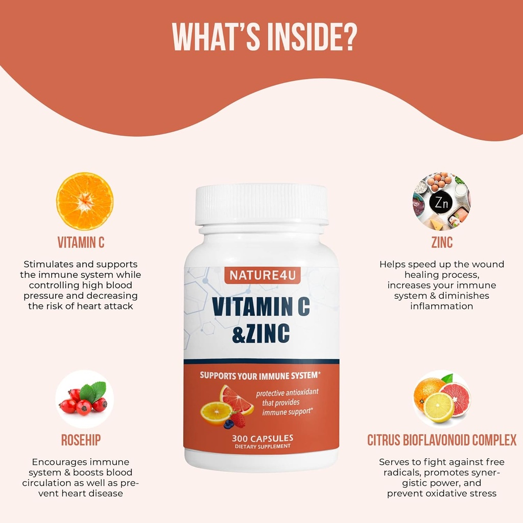 Vitamine C 1000mg avec Zinc, Rose HIPS et Citrus Bioflavonoïdes, Imune Support Supplément Antioxydants Protection, 300 Capsules