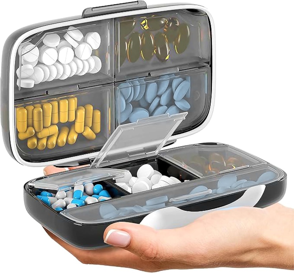 Travel Pill Organizer - luftdichte Medizin Fall für Reisen Portable Pharmacy Box mit Etiketten Vitamin Container 8 Kompartment Supplement Medication Holder Large Capacity Daily (Schwarz)
