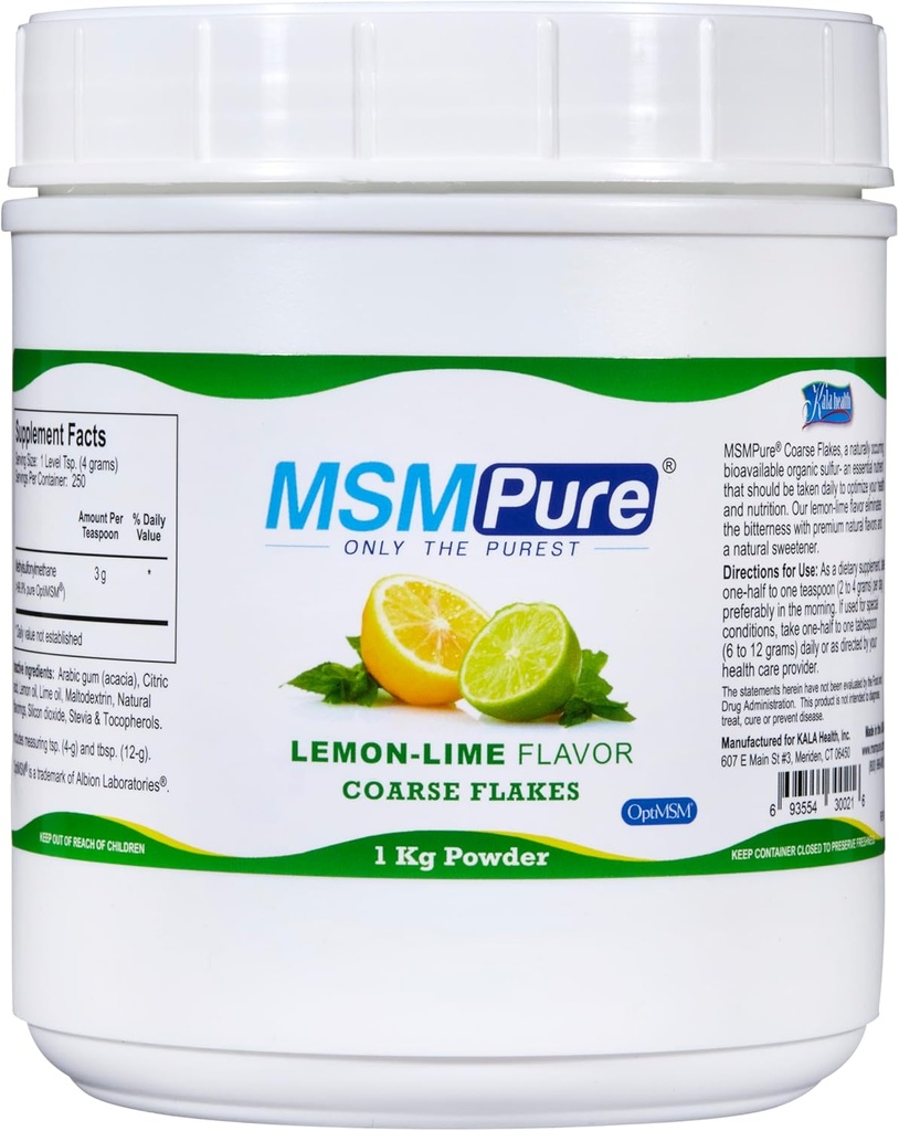 KALA HEALTH MSMPure Lemon Lime Flavored Coarse MSM Powder Flakes – US-Made MSM für Joint Health, Haut Aussehen und Haar & Nagel Unterstützung – 2.2 lb, Bio Schwefel