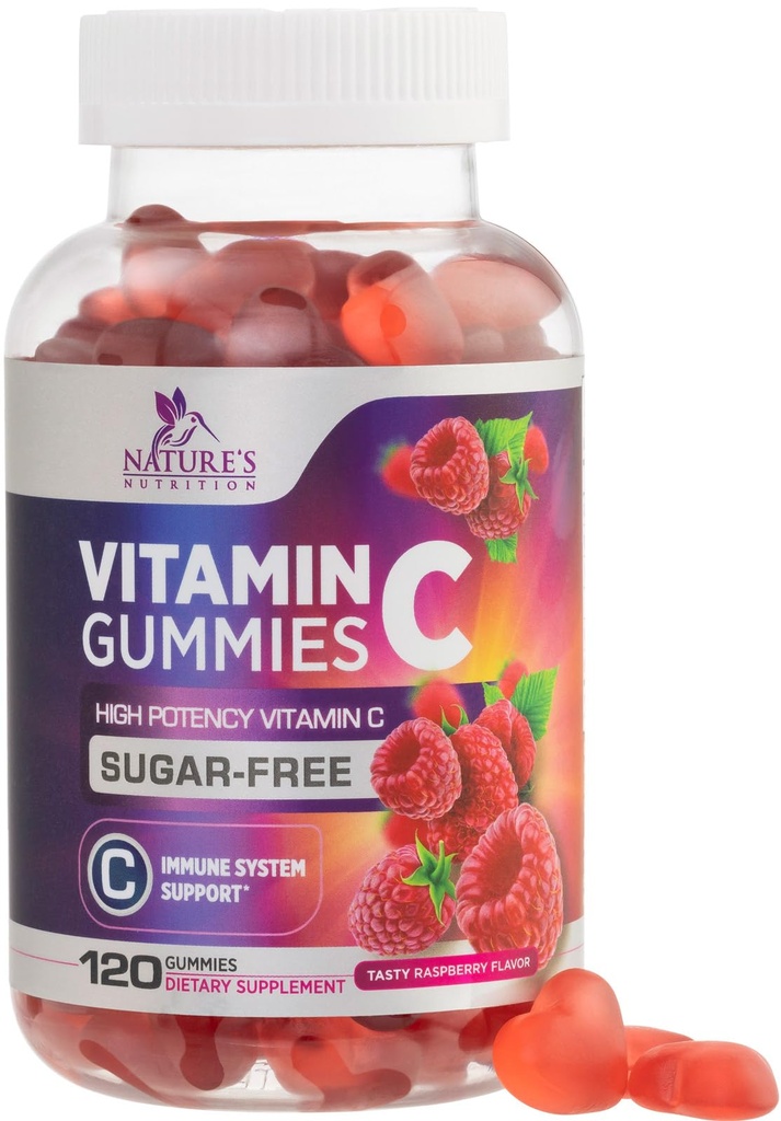 Zero Sugar Vitamine C Gommies - Soutien immunitaire et supplément alimentaire contre la vitamine C - Végétaux, non-OGM, produits laitiers et sans gluten C Vitamine Gommy - Flaveur de framboises pour enfants et adultes - 120 Gommies de comte
