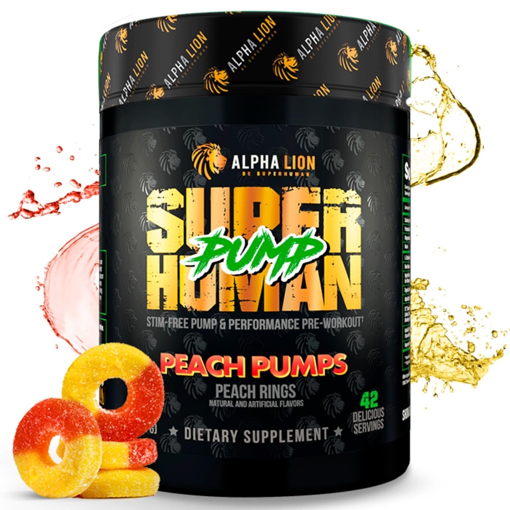 ALPHA LION Superhuman Pump Pre Workout Powder, Nootropic Caffeine & Stim Free Preworkout Supplement, Nitric Oxide Booster, Muscle Gainer, Energy & Focus (42 Portionen, Peach Pumps Flavor)