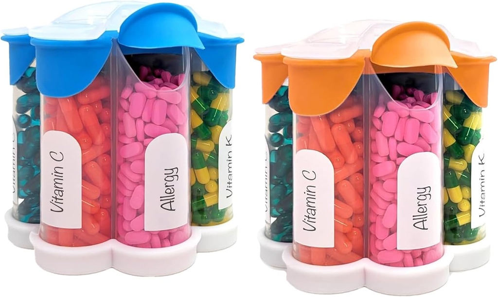Extra Large Pill Organizer Daily, Weekly, Monthly Supplément Bouteille, Distributeur de pilules Mignon avec 7 Compartiments XL (2 Pack Combo) (bleu clair et orange)