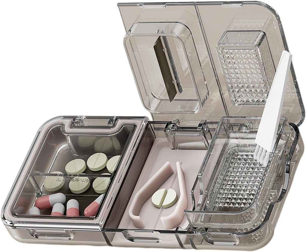 CFMOUR 3-in-1 Pille Cutter Splitter für kleine oder kleine große Pillen, Crusher Grinder mit Pulver Brush Grind Tabletten, Pill Carrier für Lager Pillen, Mühlen für ältere, Kinder &amp; Kinder, Schwarz