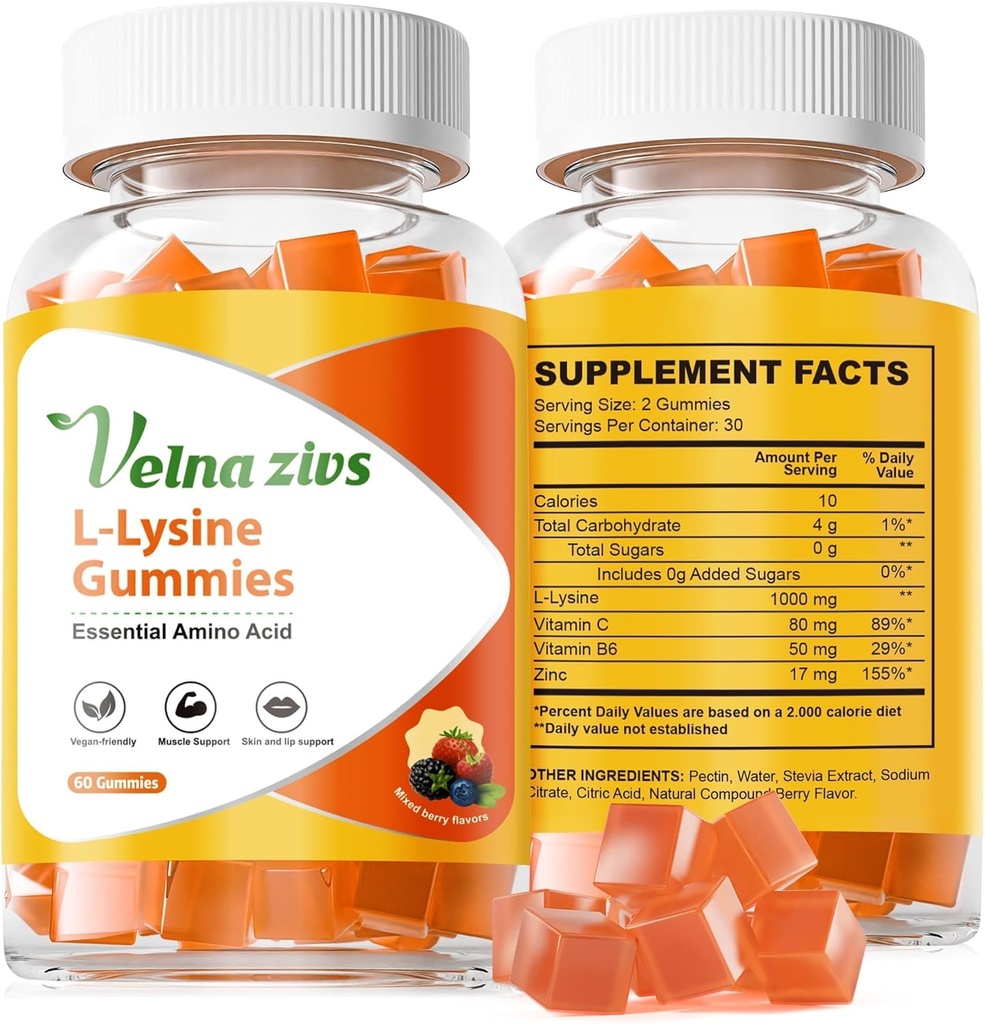 L-Lysine Gummies 1000mg, Suppléments Lysine à croquer pour adultes, Lysine sans sucre pour le traitement des plaies froides*, soutien immunitaire avec la vitamine, la peau et les lèvres santé*, végétalien, non OGM, 60comptes
