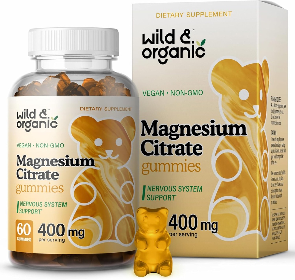 Wild & Organic Magnesium Citrate Gummis 400 mg - Relaxing Chewables for Calm and Mood - Calming Magnesium Citrate Supplement - 60 Vegan, Non-GMO Powder Based Chews