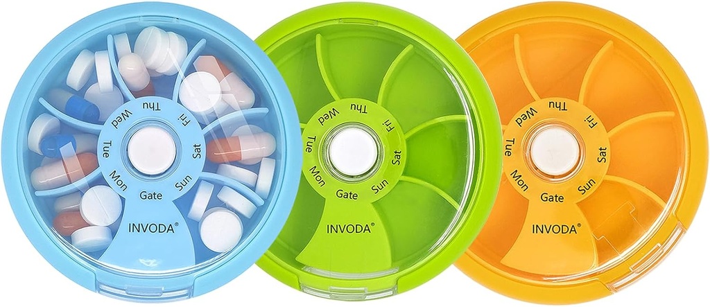 INVODA Organisateur hebdomadaire de pilules 7 compartiments Pill Box rotative pour les médicaments quotidiens et les vitamines - Portable cas de pilules Huile de poisson suppléments Vitamines Organisateur (Green+Sky Blue+Orange)
