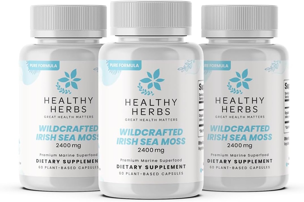 Pure Irish Sea Moss Capsule | US-Made, Vegan, Non OGM, Easy-Swallow Seamoss Pills | Superfood Wild-Harvested con oltre 90 vitamine e minerali essenziali (3-Pack)