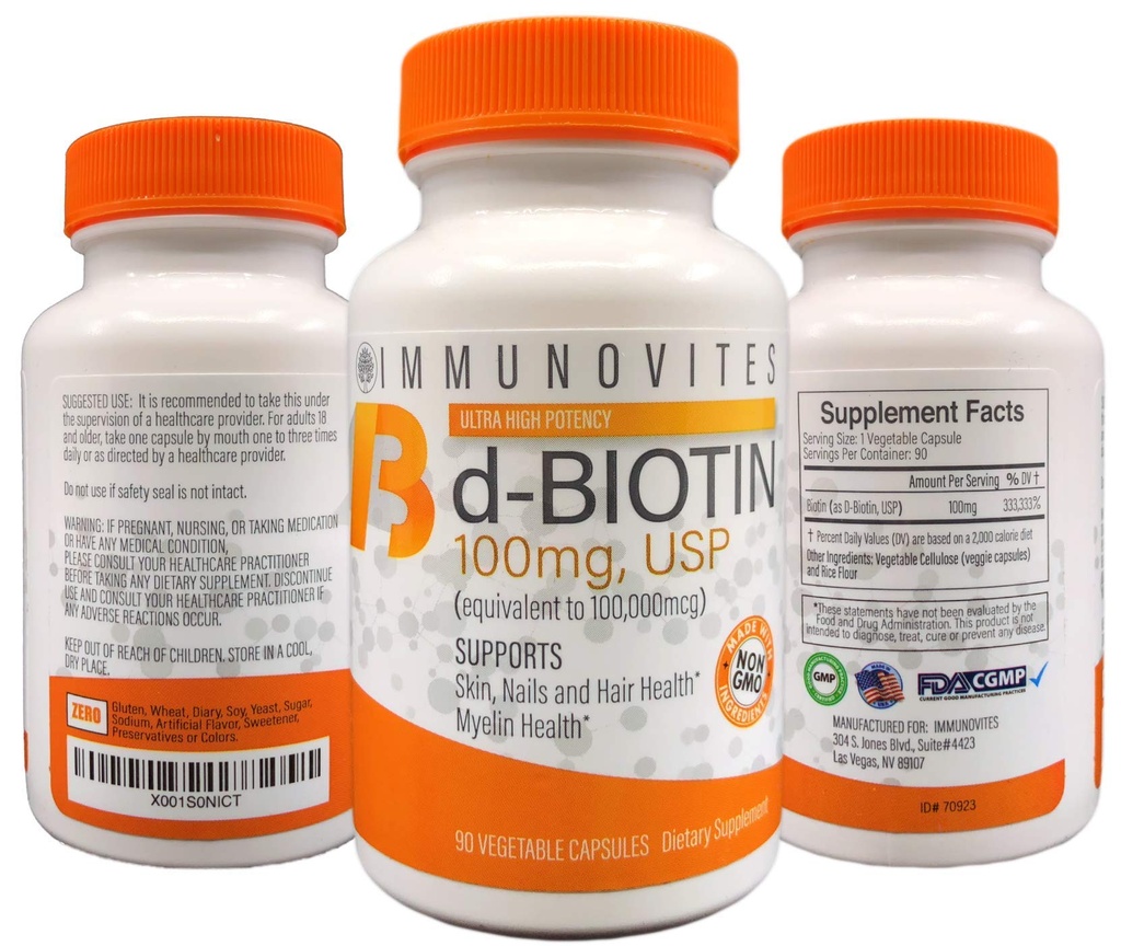 IMMUNOVITES 3-Pack High Dose Biotin (come d-Biotin, USP) 100 mg (equivalente a 100.000mcg) 90 capsule, alta potenza (3)