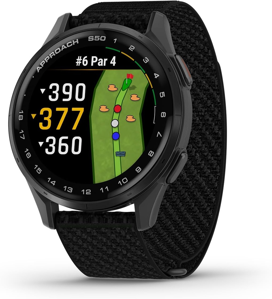 Garmin Approach® S50, Advanced Golf GPS Smartwatch, AMOLED Display, On-Course Features, Handgelenkbasierte Herzfrequenz, Schiefer Aluminium Lünette mit schwarzem ComfortFit Nylonband