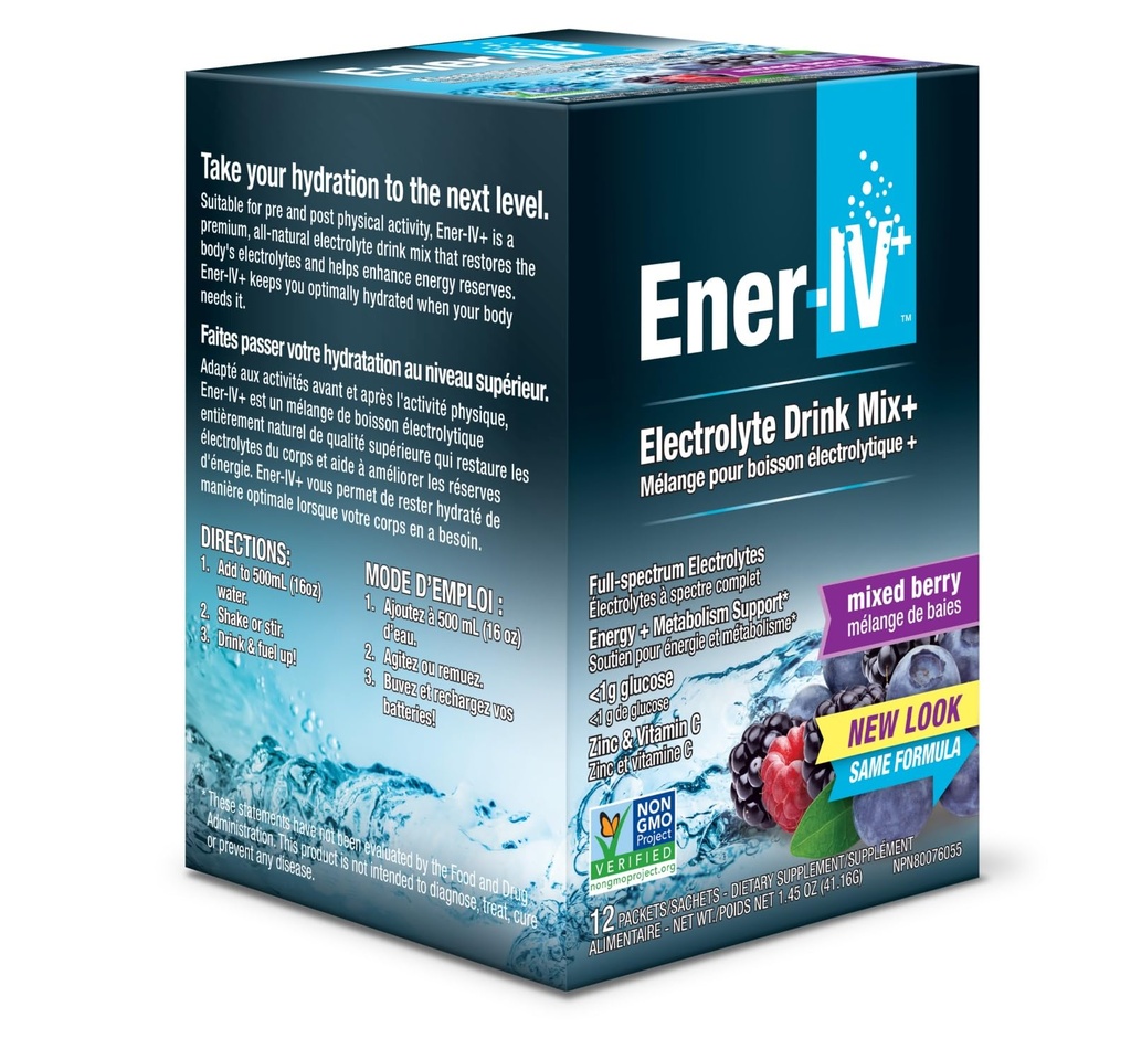 Ener-IV Elektrolyt Hydration & Energy Drink Kalium Vitamin C & Zink Elektrolyte Pulver-Packets - Muskel Erholung & Immunität Sport-Getränke für Frauen & Männer Low Sugar Vegan, Mixed Berry - 12 Count