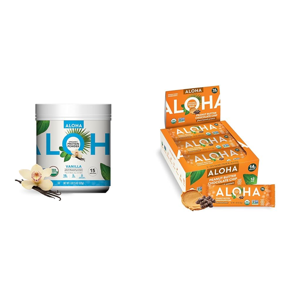 ALOHA Organic Plant-Based Protein Powder Vanilla 19.6oz, Protein Bars Peanut Butter Chocolate Chip 1.98oz Confezione da 12 Bundle