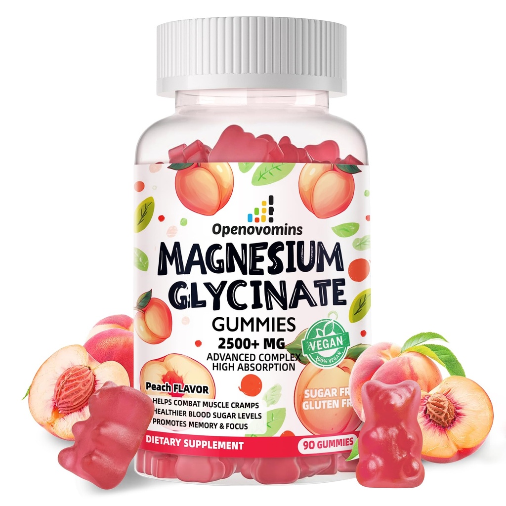 Magnesio Glycinate Gummies 2500mg - Zucchero Gratuito Magnesio Potassio Supplemento con Vitamina D, B6, CoQ10 per Calma Mood & Sleep Support - 90 Peach Gummies